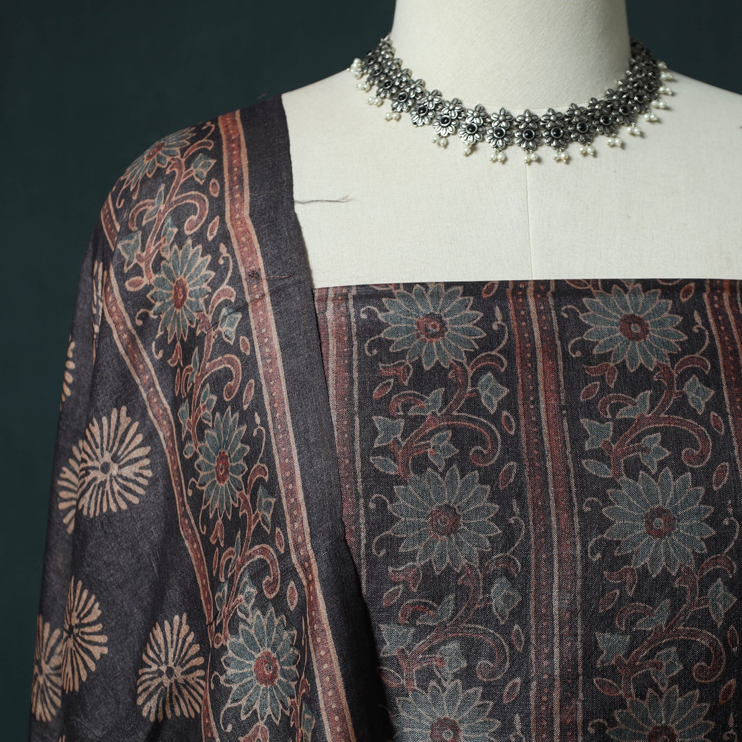 Black - 2pc Ajrakh Hand Block Print Handloom Tussar Silk Natural Dyed Unstitched Dress Material Kurta Set 05