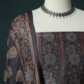 Black - 2pc Ajrakh Hand Block Print Handloom Tussar Silk Natural Dyed Unstitched Dress Material Kurta Set 05