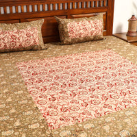 Brown - Kalamkari Block Printed Patchwork Cotton Double Bed Cover With Pillow Covers (108 x 90 in)