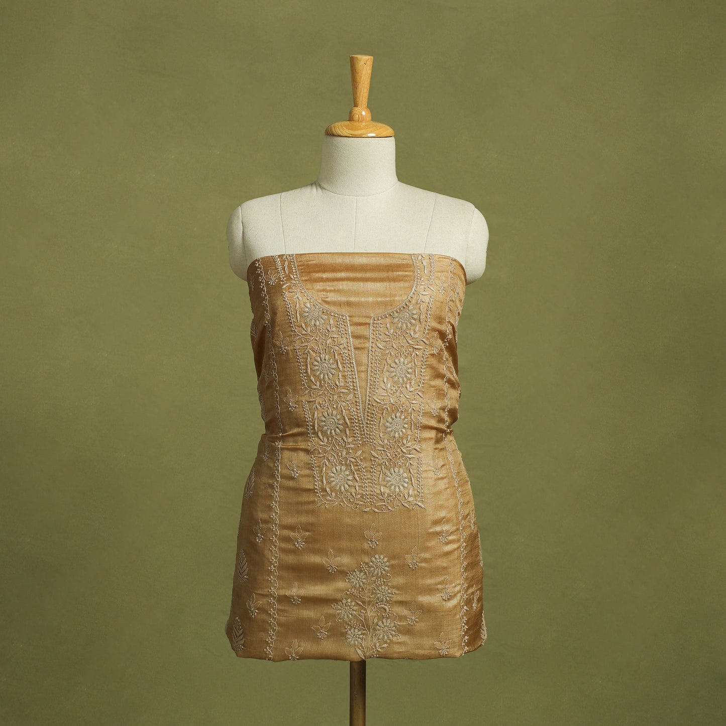 Brown Hand Embroidery Tussar Silk Chikankari Kurta Material