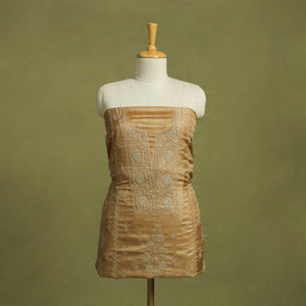 Brown Hand Embroidery Tussar Silk Chikankari Kurta Material