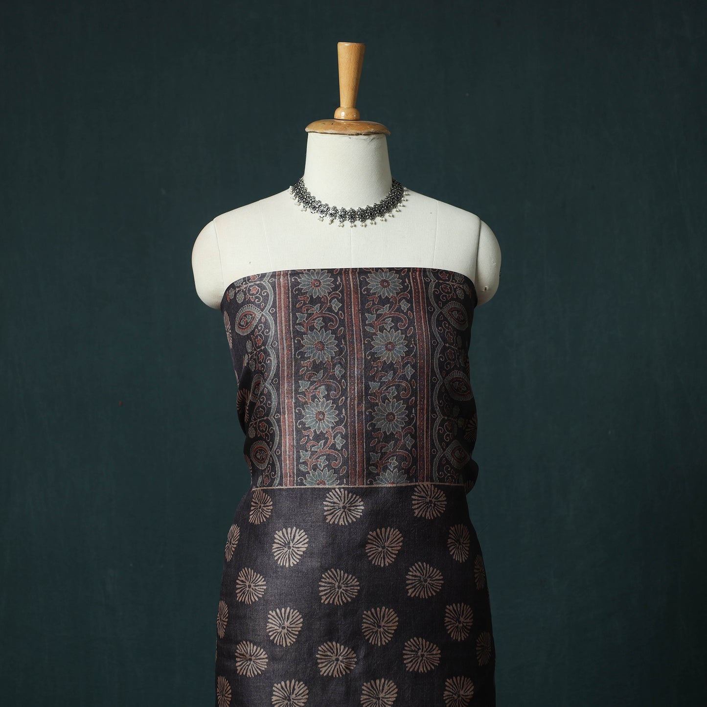 Black - 2pc Ajrakh Hand Block Print Handloom Tussar Silk Natural Dyed Unstitched Dress Material Kurta Set 05