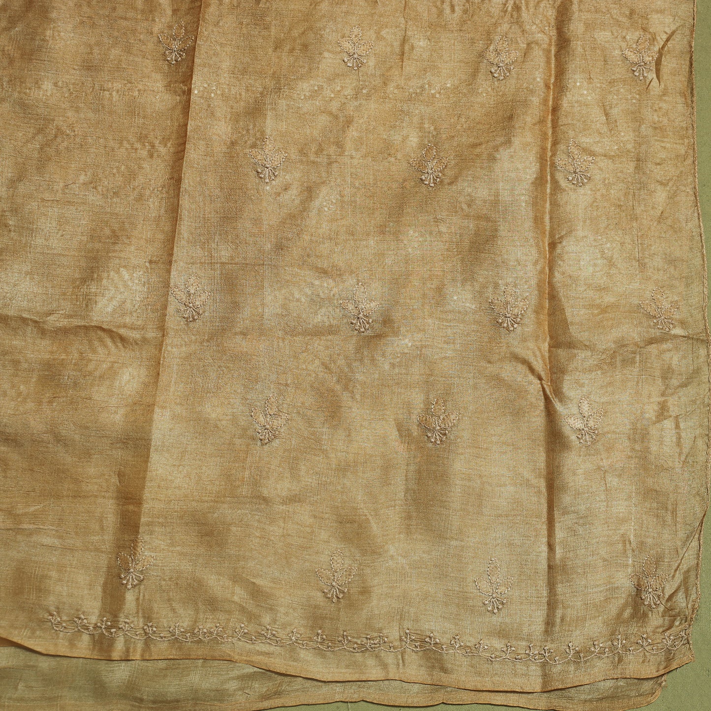 Brown Hand Embroidery Tussar Silk Chikankari Kurta Material