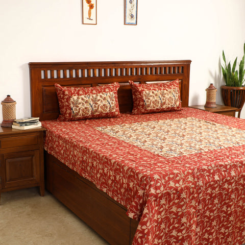 Red - Kalamkari Block Printed Patchwork Cotton Double Bed Cover With Pillow Covers (108 x 90 in)