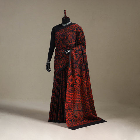 Red - Natural Dyed Block Print Cotton Pipad Saree 13