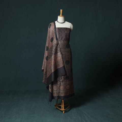 Brown - 2pc Ajrakh Hand Block Print Handloom Tussar Silk Natural Dyed Unstitched Dress Material Kurta Set 06
