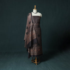 Brown - 2pc Ajrakh Hand Block Print Handloom Tussar Silk Natural Dyed Unstitched Dress Material Kurta Set 06