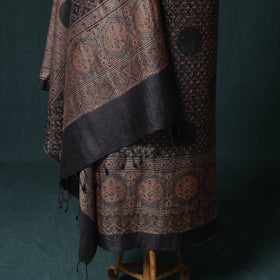 Brown - 2pc Ajrakh Hand Block Print Handloom Tussar Silk Natural Dyed Unstitched Dress Material Kurta Set 06