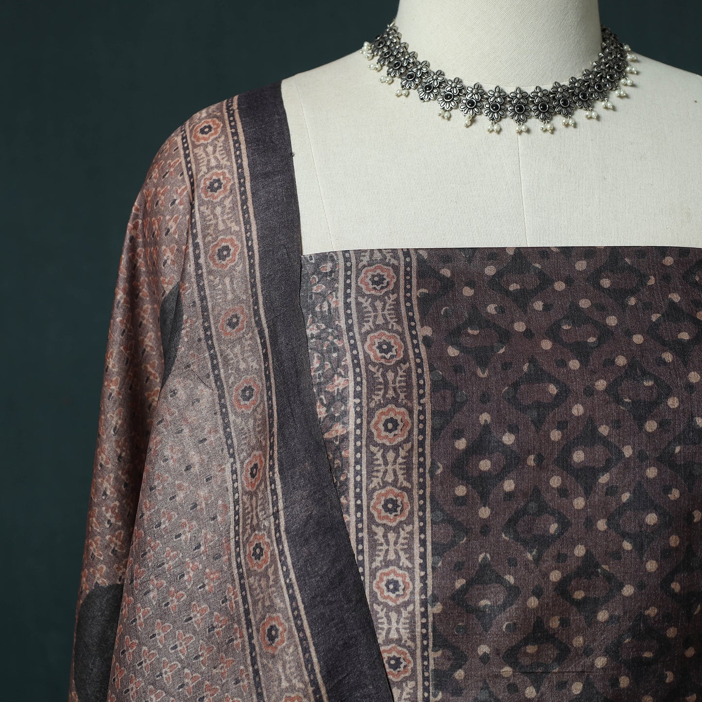 Brown - 2pc Ajrakh Hand Block Print Handloom Tussar Silk Natural Dyed Unstitched Dress Material Kurta Set 06