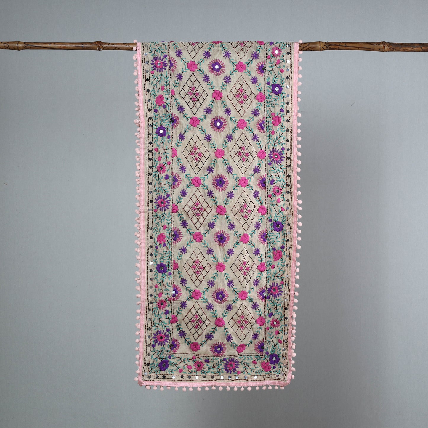 Pink - Ranihati Chanderi Silk Phulkari Embroidered Stole 19