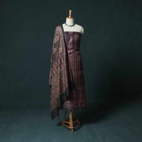 Brown - 2pc Ajrakh Hand Block Print Handloom Tussar Silk Natural Dyed Unstitched Dress Material Kurta Set 07