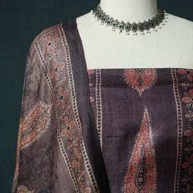 Brown - 2pc Ajrakh Hand Block Print Handloom Tussar Silk Natural Dyed Unstitched Dress Material Kurta Set 07