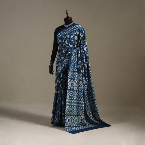 Blue - Natural Dyed Block Print Cotton Pipad Saree 14