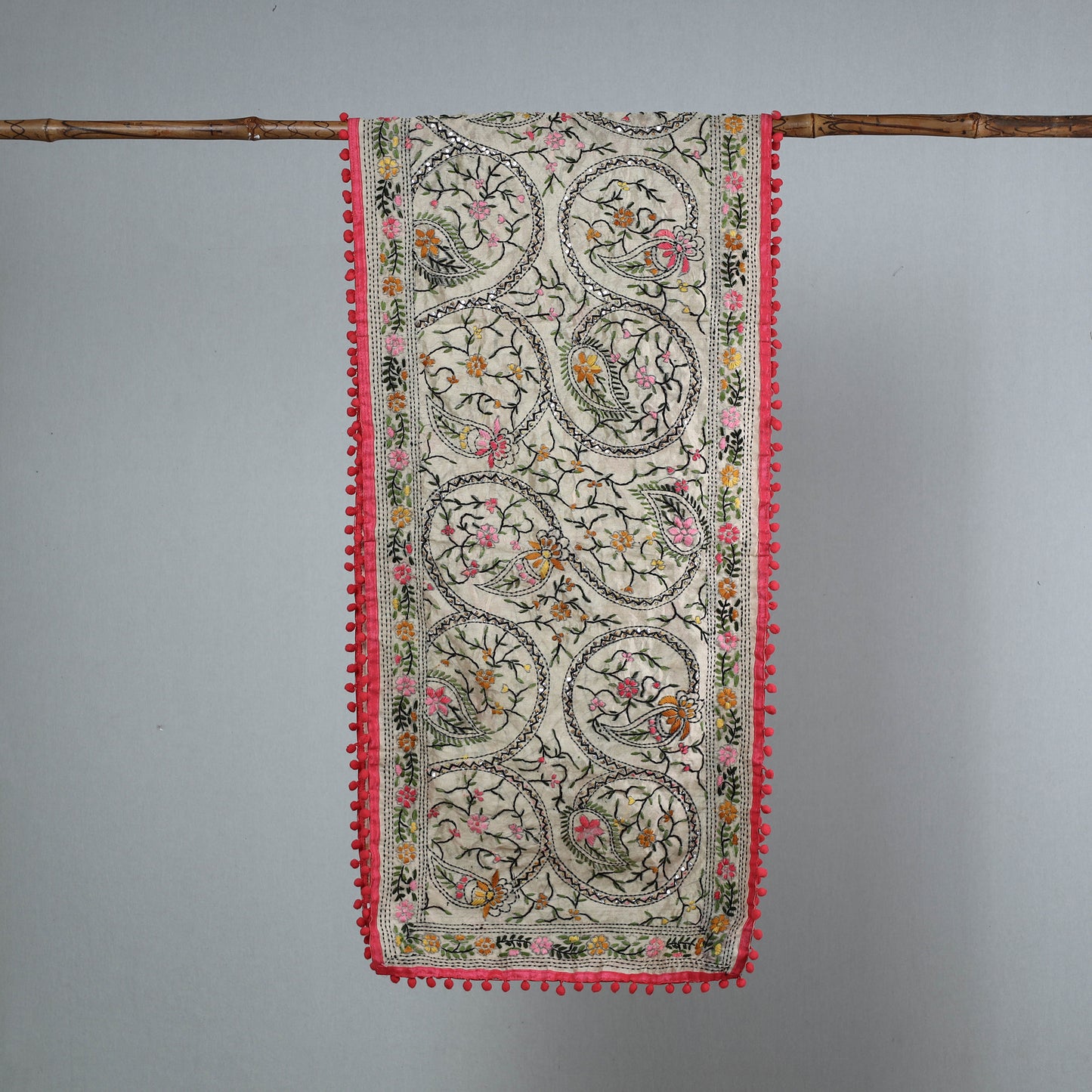 Pink - Ranihati Chanderi Silk Phulkari Embroidered Stole 14