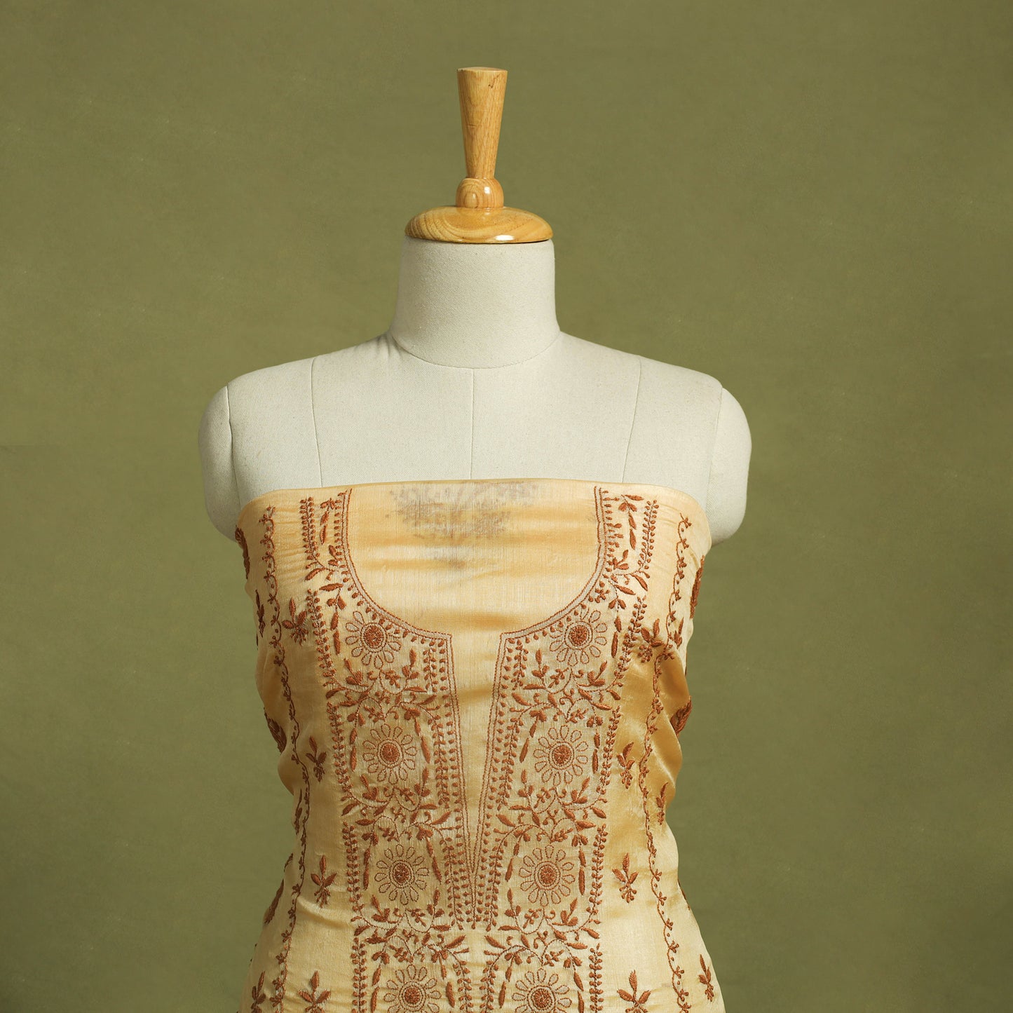 Beige Hand Embroidery Tussar Silk Chikankari Kurta Material