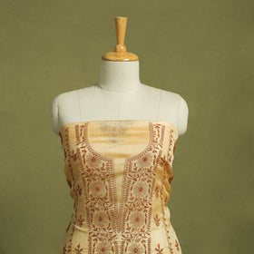 Beige Hand Embroidery Tussar Silk Chikankari Kurta Material