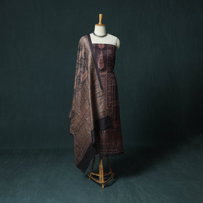Brown - 2pc Ajrakh Hand Block Print Handloom Tussar Silk Natural Dyed Unstitched Dress Material Kurta Set 08