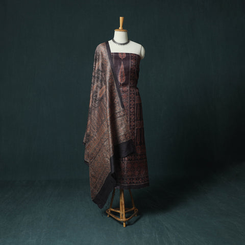 Brown - 2pc Ajrakh Hand Block Print Handloom Tussar Silk Natural Dyed Unstitched Dress Material Kurta Set 08