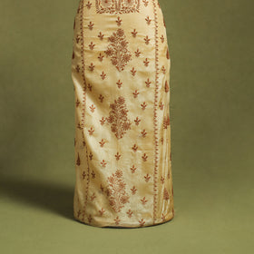 Beige Hand Embroidery Tussar Silk Chikankari Kurta Material
