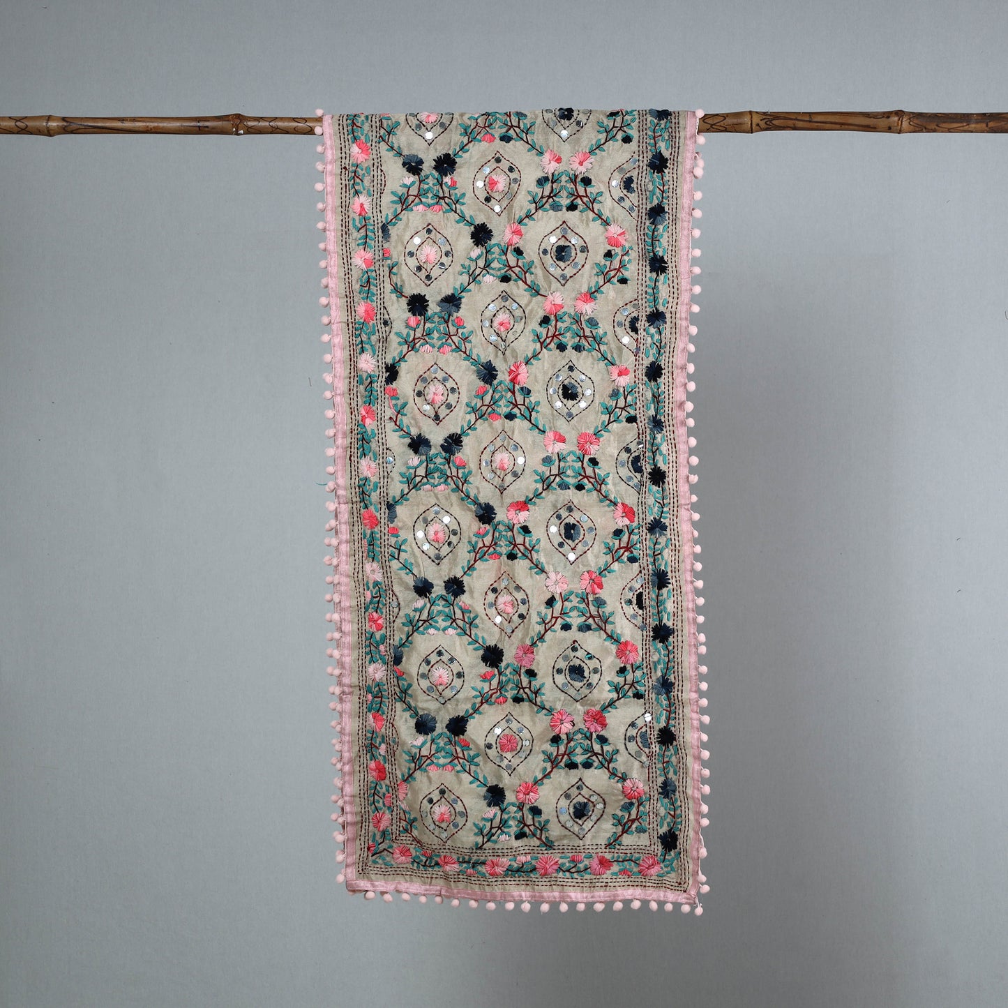 Pink - Ranihati Chanderi Silk Phulkari Embroidered Stole 10