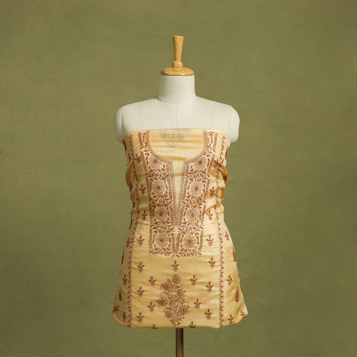 Beige Hand Embroidery Tussar Silk Chikankari Kurta Material