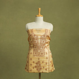 Beige Hand Embroidery Tussar Silk Chikankari Kurta Material