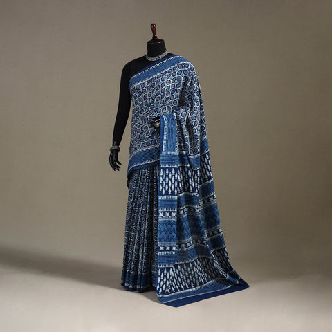 Blue - Natural Dyed Block Print Cotton Pipad Saree 07