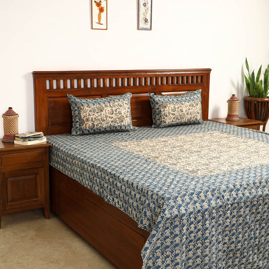 Blue - Kalamkari Block Printed Patchwork Cotton Double Bed Cover With Pillow Covers (108 x 90 in)