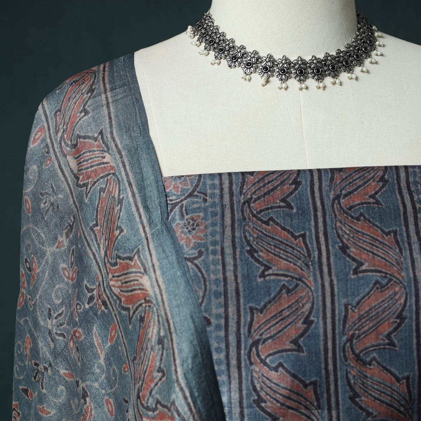 Blue - 2pc Ajrakh Hand Block Print Handloom Tussar Silk Natural Dyed Unstitched Dress Material Kurta Set 09