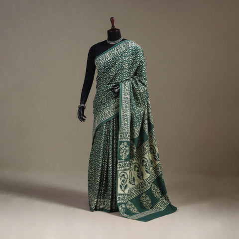 Green - Natural Dyed Block Print Cotton Pipad Saree 08