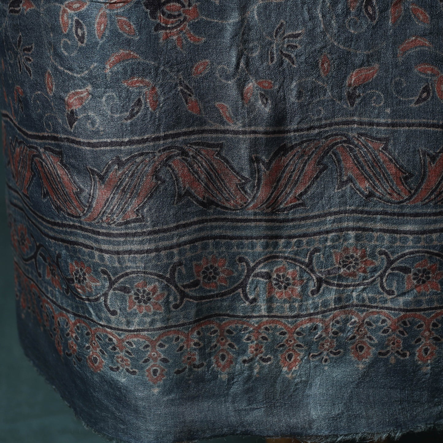 Blue - 2pc Ajrakh Hand Block Print Handloom Tussar Silk Natural Dyed Unstitched Dress Material Kurta Set 09