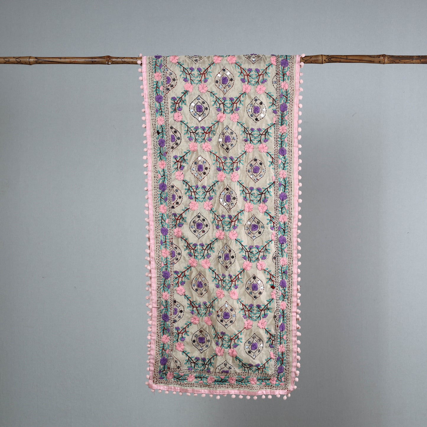 Pink - Ranihati Chanderi Silk Phulkari Embroidered Stole 67