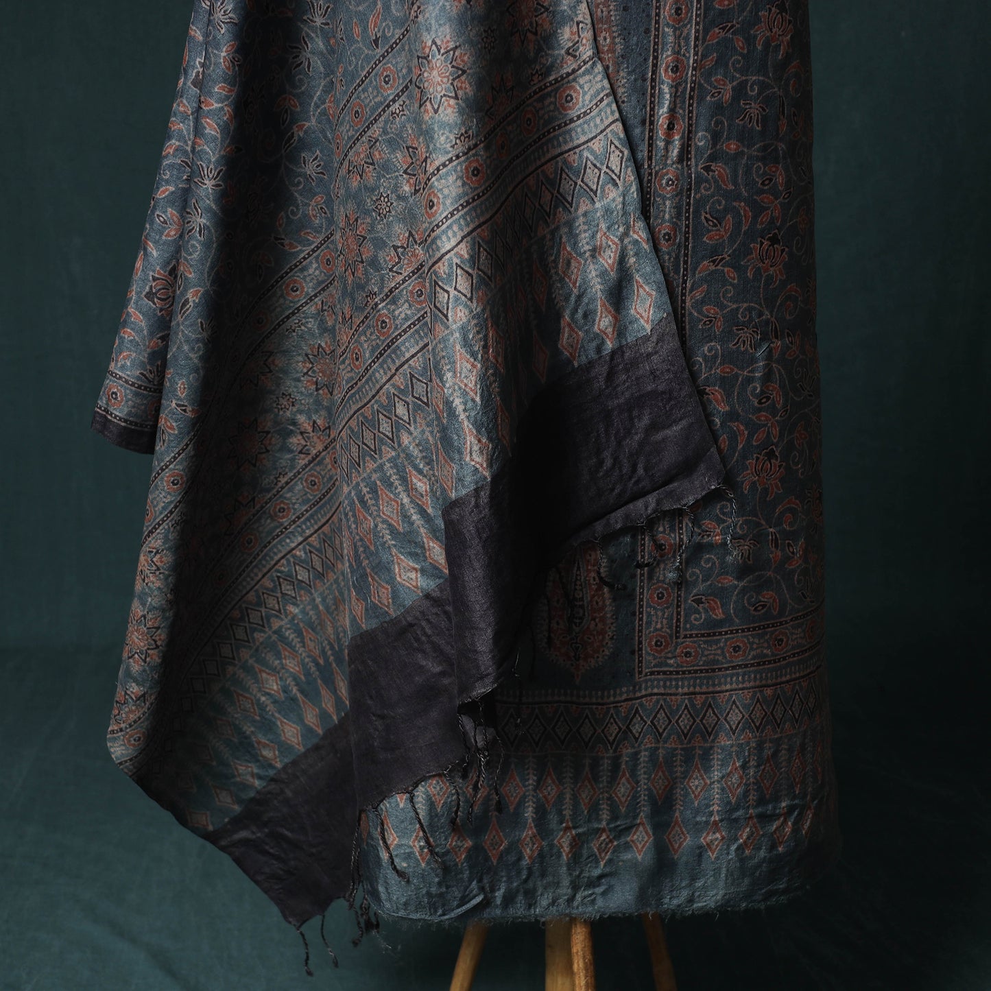 Blue - 2pc Ajrakh Hand Block Print Handloom Tussar Silk Natural Dyed Unstitched Dress Material Kurta Set 10
