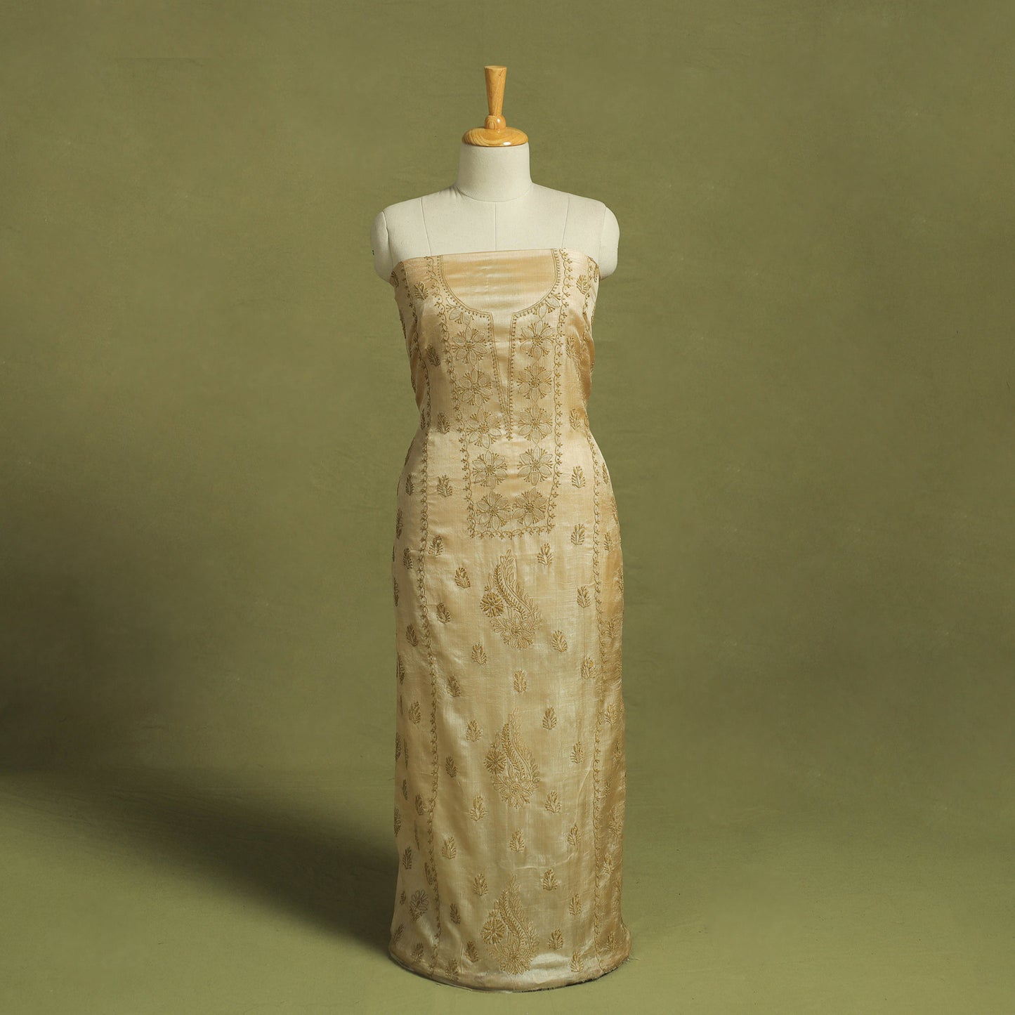 Beige Hand Embroidery Tussar Silk Chikankari Kurta Material