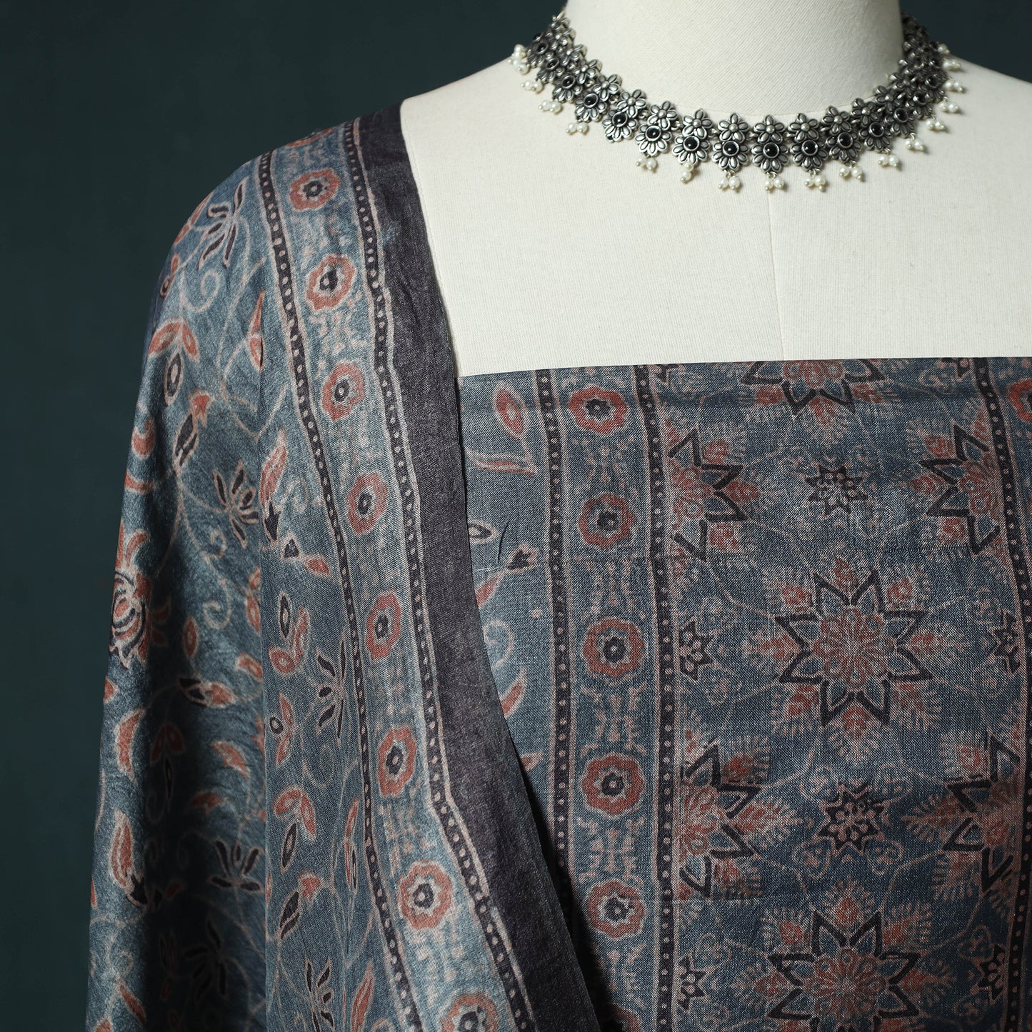 Blue - 2pc Ajrakh Hand Block Print Handloom Tussar Silk Natural Dyed Unstitched Dress Material Kurta Set 10