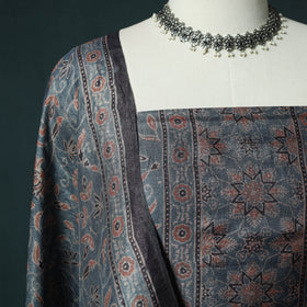 Blue - 2pc Ajrakh Hand Block Print Handloom Tussar Silk Natural Dyed Unstitched Dress Material Kurta Set 10