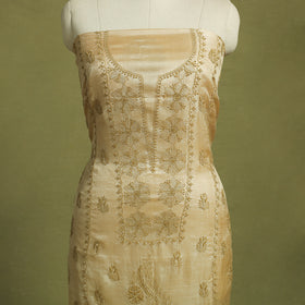Beige Hand Embroidery Tussar Silk Chikankari Kurta Material
