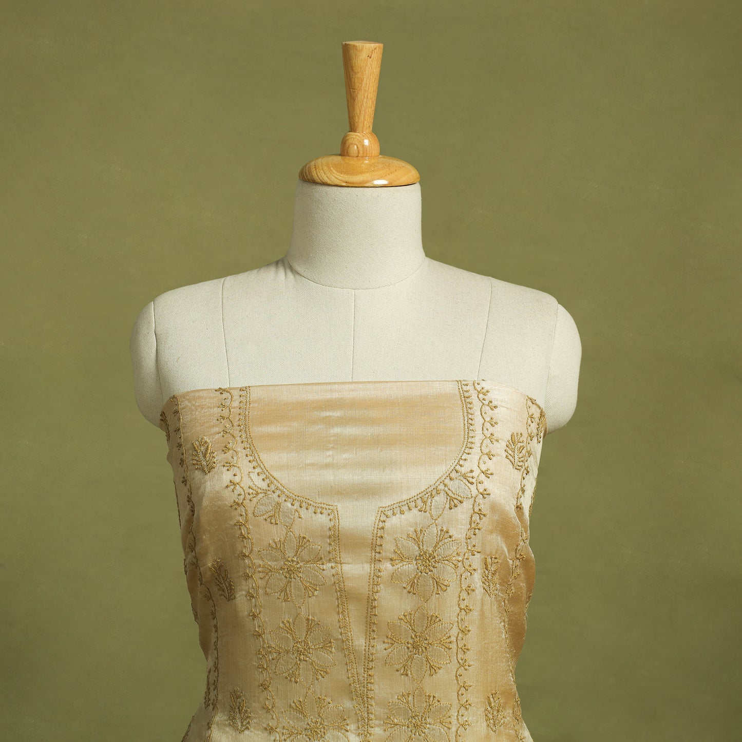 Beige Hand Embroidery Tussar Silk Chikankari Kurta Material