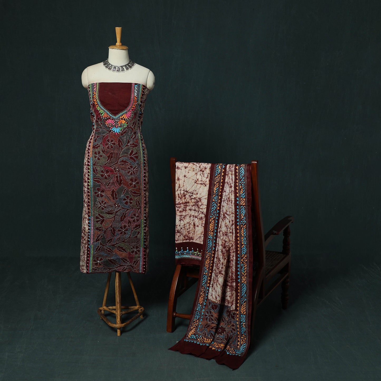 Bengal Kantha Work Cotton 3pc Unstitched Batik Print Dress Material Suit Set 16