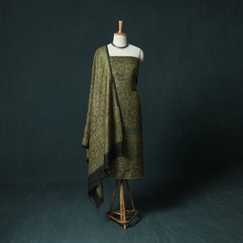 Green - 2pc Ajrakh Hand Block Print Handloom Tussar Silk Natural Dyed Unstitched Dress Material Kurta Set 11