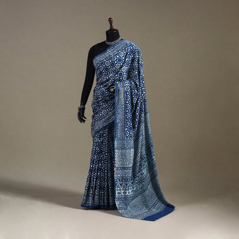 Blue - Natural Dyed Block Print Cotton Pipad Saree 09