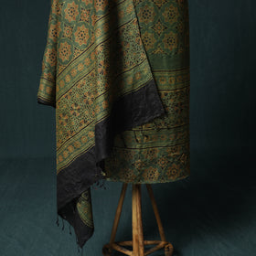 Green - 2pc Ajrakh Hand Block Print Handloom Tussar Silk Natural Dyed Unstitched Dress Material Kurta Set 11