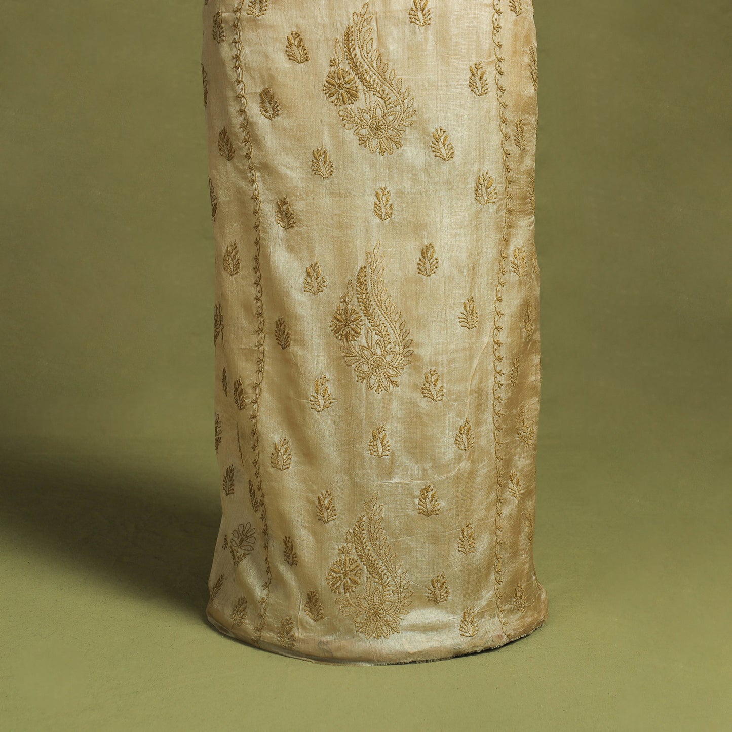 Beige Hand Embroidery Tussar Silk Chikankari Kurta Material