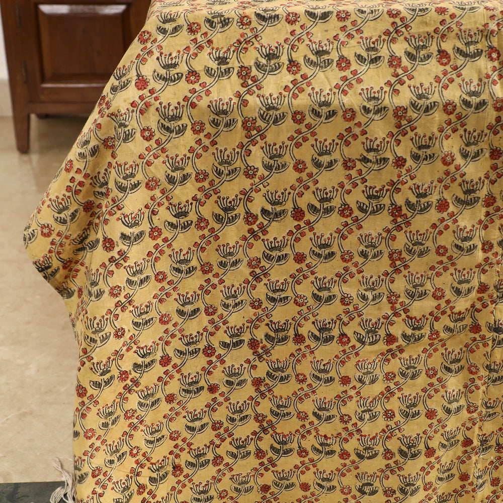 Yellow - Kalamkari Block Printed Patchwork Cotton Double Bed Cover With Pillow Covers (108 x 90 in)