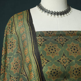 Green - 2pc Ajrakh Hand Block Print Handloom Tussar Silk Natural Dyed Unstitched Dress Material Kurta Set 11