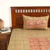 Yellow - Kalamkari Block Printed Patchwork Cotton Double Bed Cover With Pillow Covers (108 x 90 in)