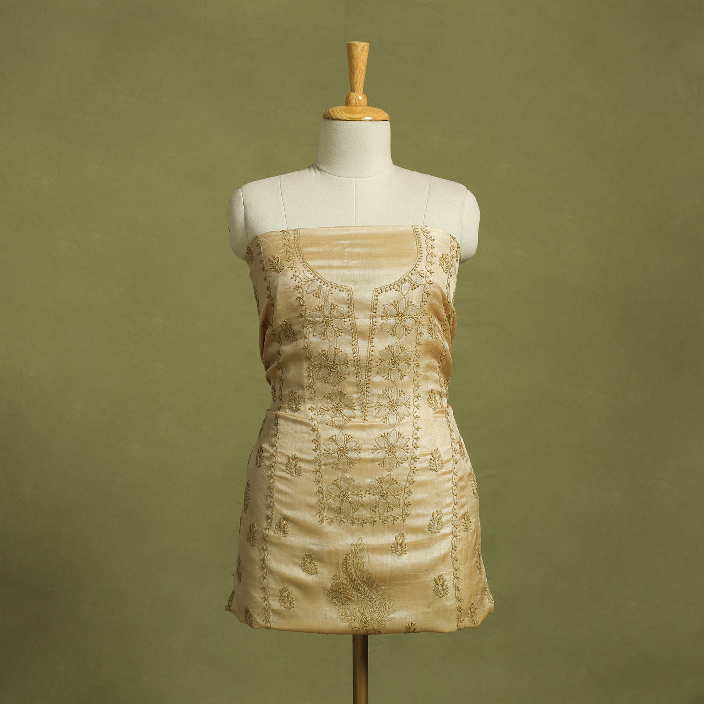 Beige Hand Embroidery Tussar Silk Chikankari Kurta Material