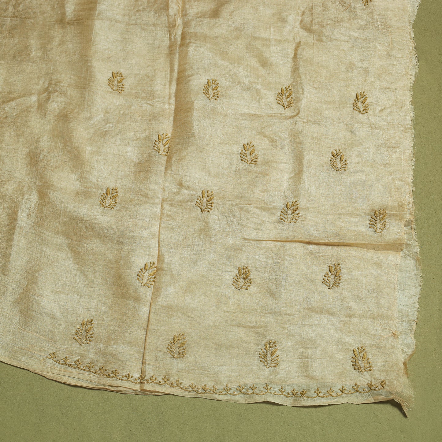 Beige Hand Embroidery Tussar Silk Chikankari Kurta Material