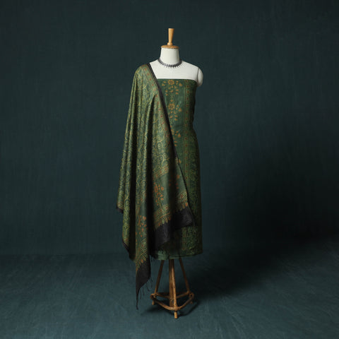 Green - 2pc Ajrakh Hand Block Print Handloom Tussar Silk Natural Dyed Unstitched Dress Material Kurta Set 12