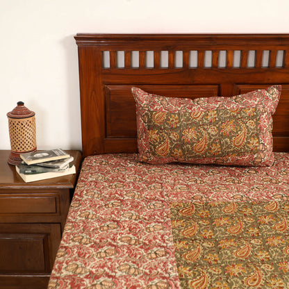 Pink - Kalamkari Block Printed Patchwork Cotton Double Bed Cover With Pillow Covers (108 x 90 in)